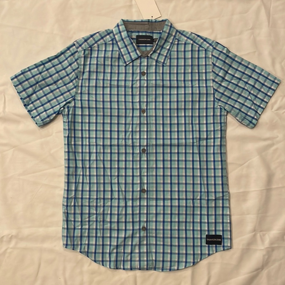 NWT Calvin Klein Jeans Boys Plaid Button Down Shirt Size Large (14/16) in Blue